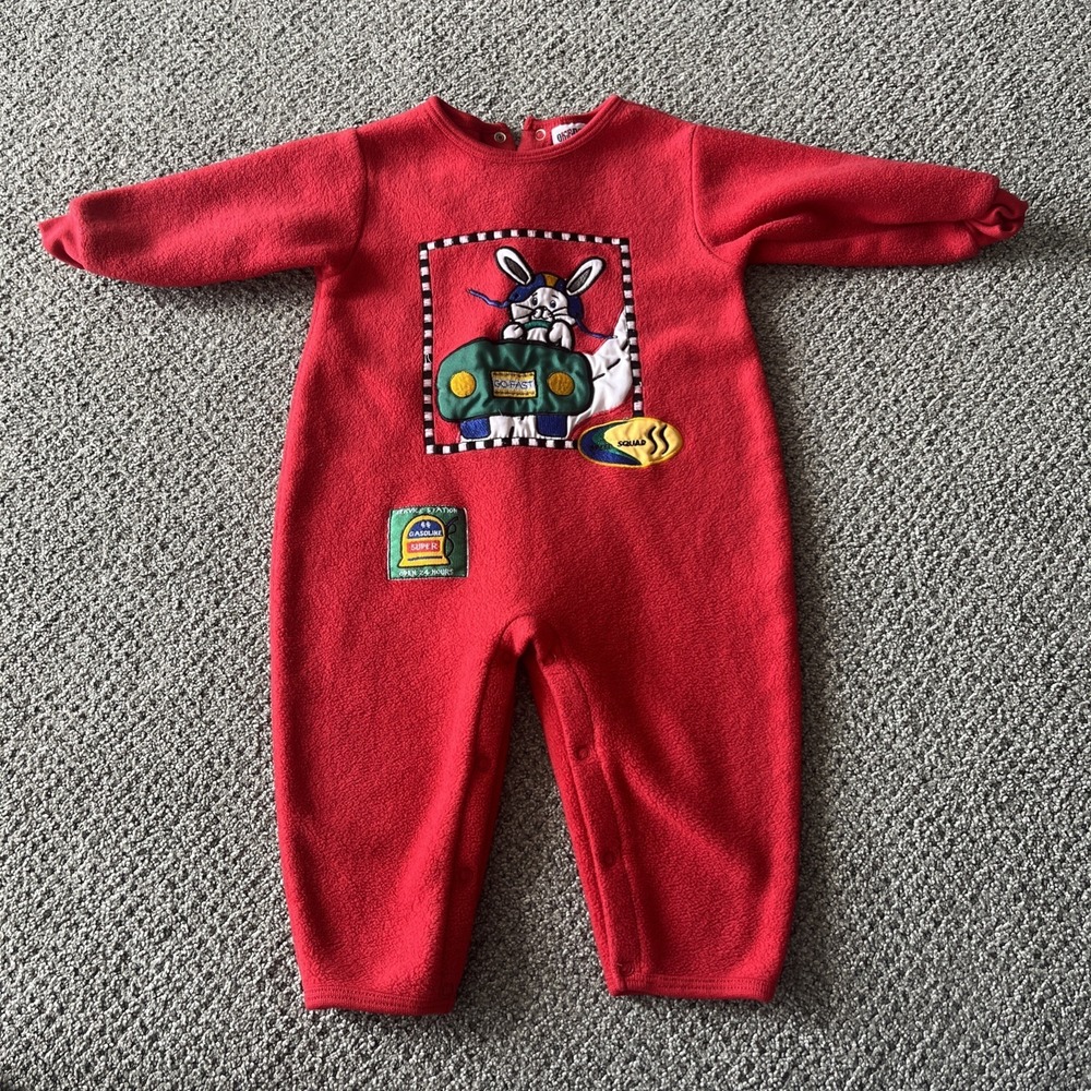 Vintage Okie Dokie Fleece Romper, One Piece. 12 Months. Race Car Bunny.‎ Y2K